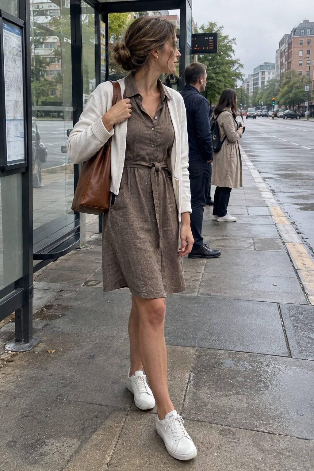 chambray shirtdress, cardigan, and white sneakers, a transitional first day of school outfit