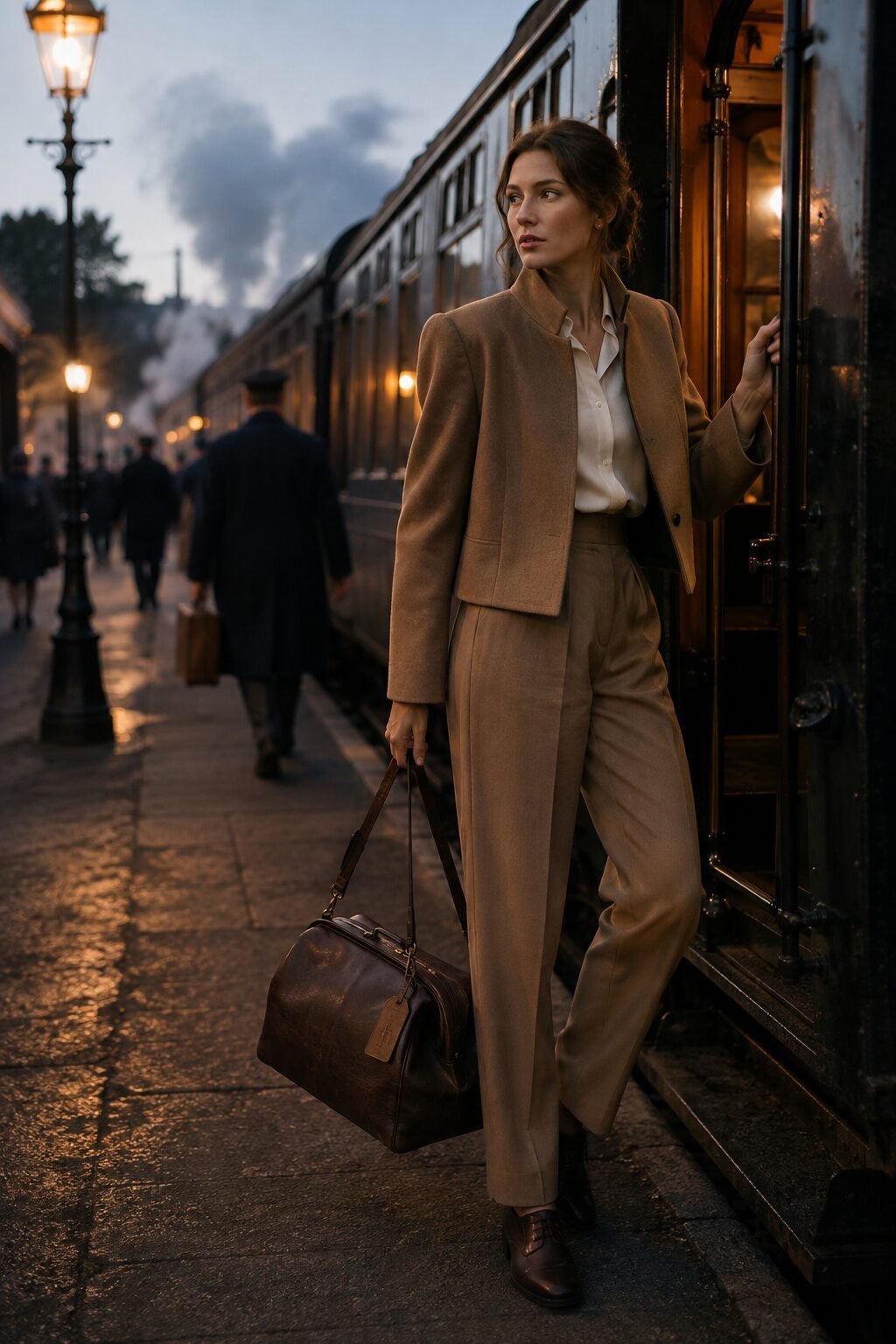 Edwardian traveler Halloween outfit: camel wool stand collar blazer with ivory silk notch collar blouse