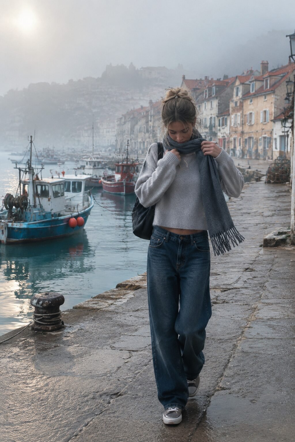 grey cropped cashmere crewneck sweater with baggy straight-leg jeans, a relaxed cold-weather weekend outfit that looks expensive