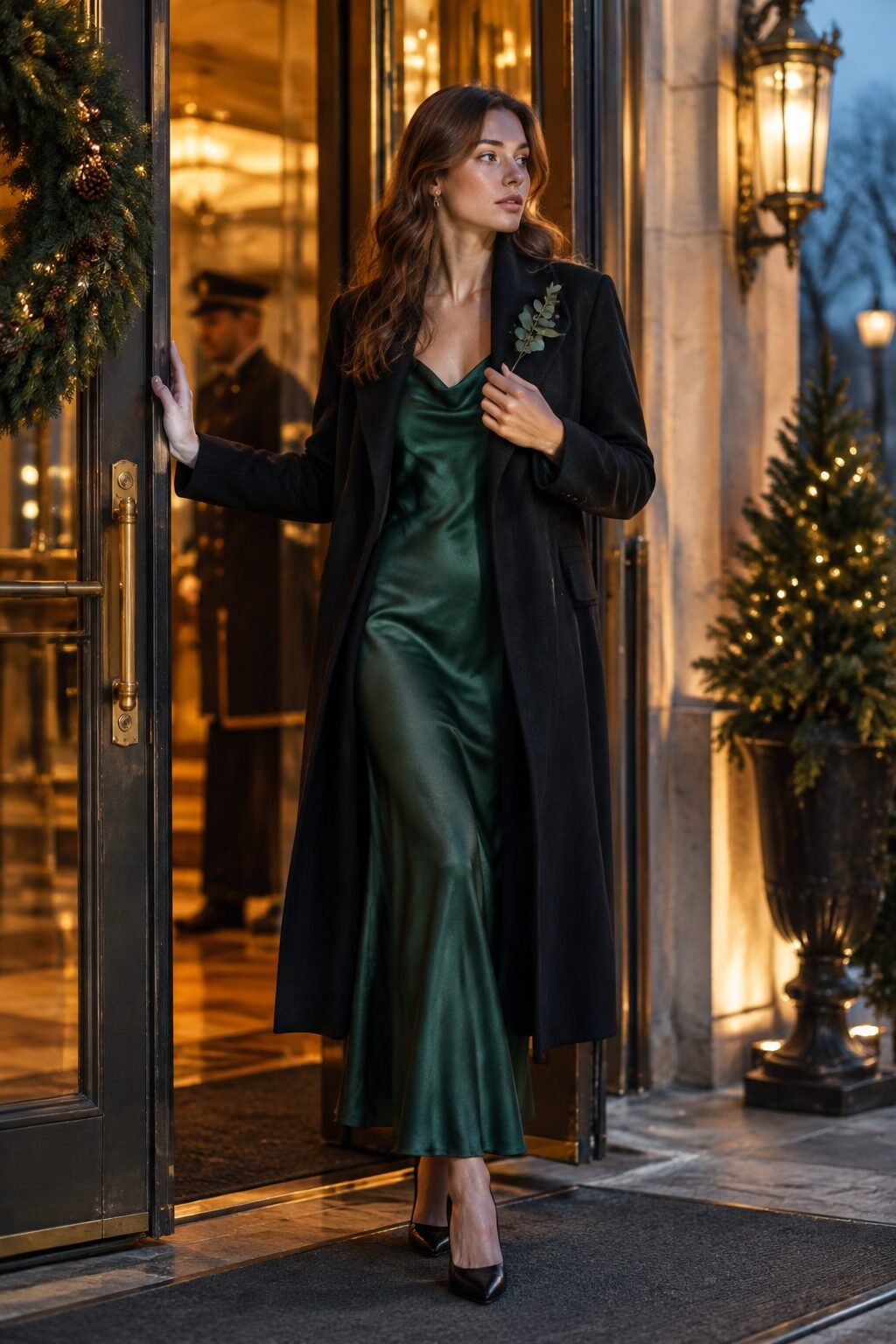 quiet luxury holiday outfit: forest green silk slip dress under a black statement wool coat