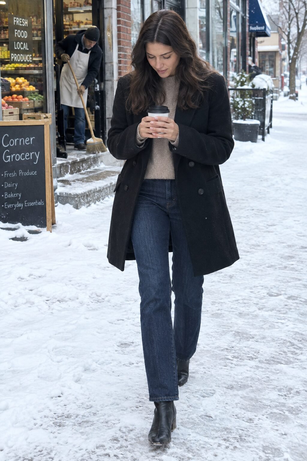 old money winter snow day outfit: oatmeal cashmere sweater, dark indigo jeans, and black wool overcoat
