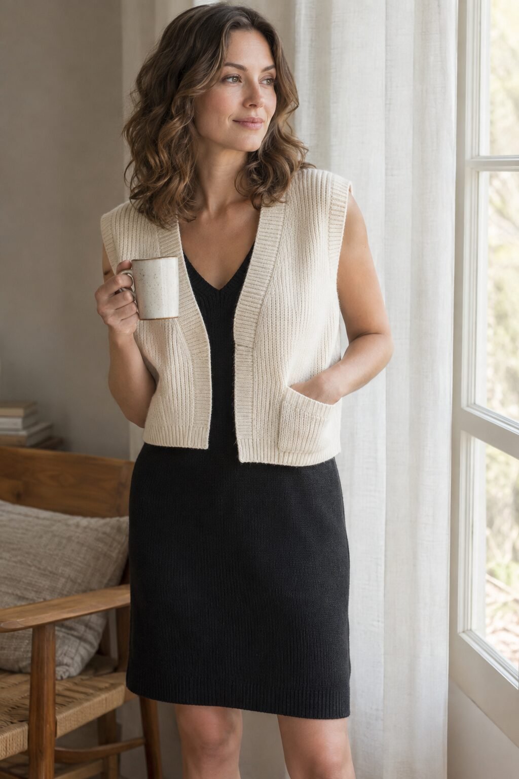black turtleneck dress outfit layered under a cropped tailored ivory vest