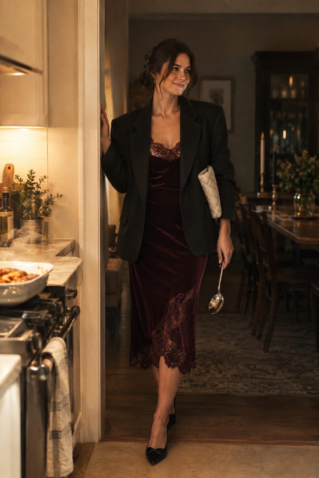 hosting christmas dinner outfit: deep wine velvet lace dress with a relaxed oversized black blazer