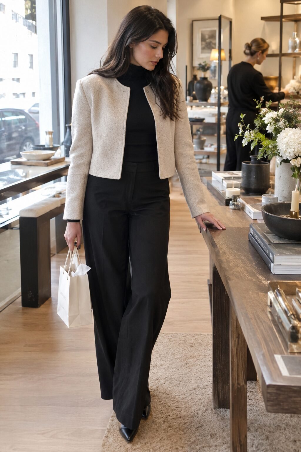 2027 fashion trend outfit: black wide-leg ponte trouser, black turtleneck, and cream cropped merino jacket