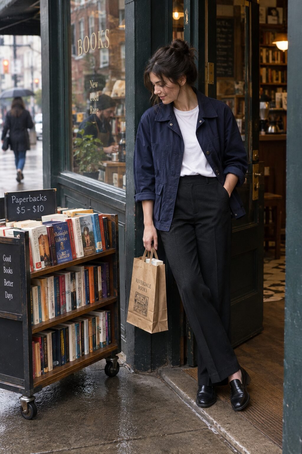 fall layering outfit: navy washed poplin field jacket with black straight wool trousers
