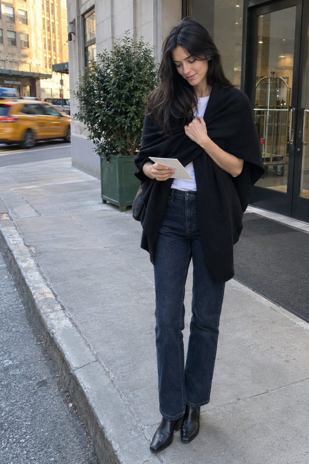 black cashmere wrap draped over dark indigo high-rise jeans, overnight flight and first-day arrival travel outfit