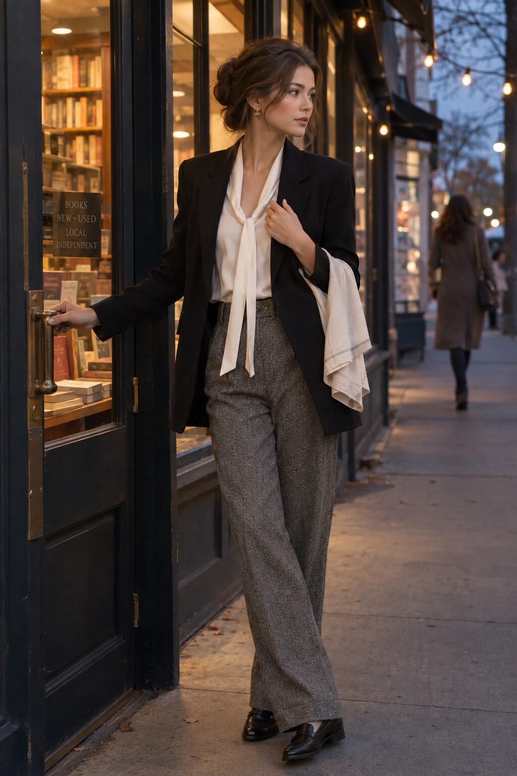 dinner with colleagues dark academia outfit: ivory silk tie-neck blouse, ash herringbone trousers, and a black tailored blazer