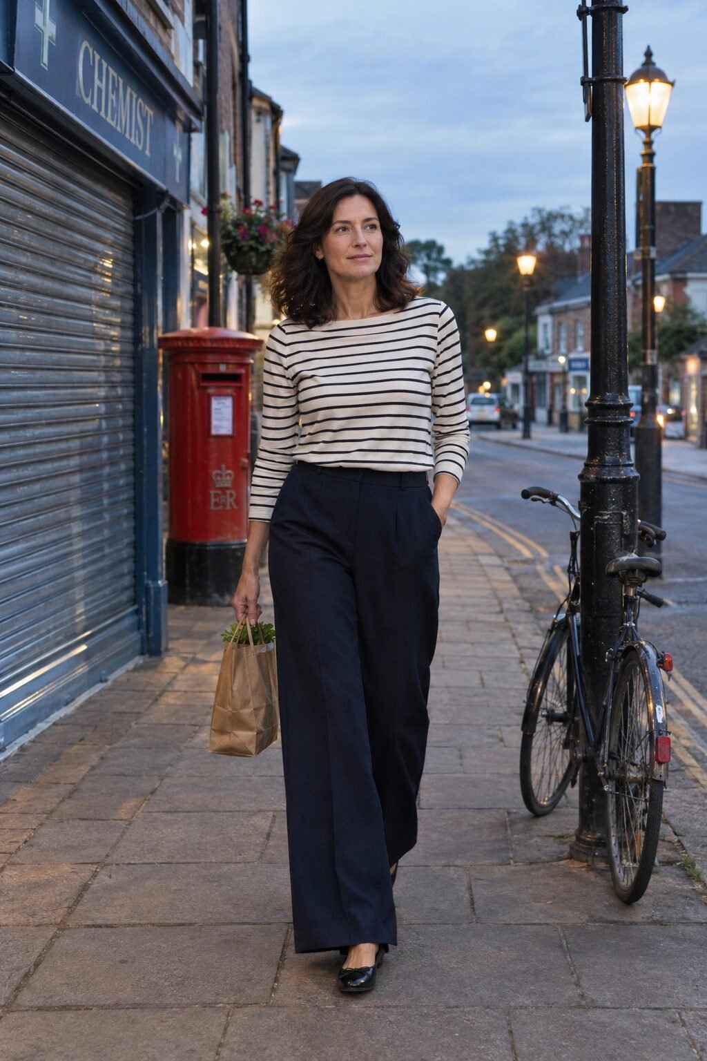coastal grandmother fall outfit: ivory and black striped boatneck top, navy wide-leg pants and black ballet flats