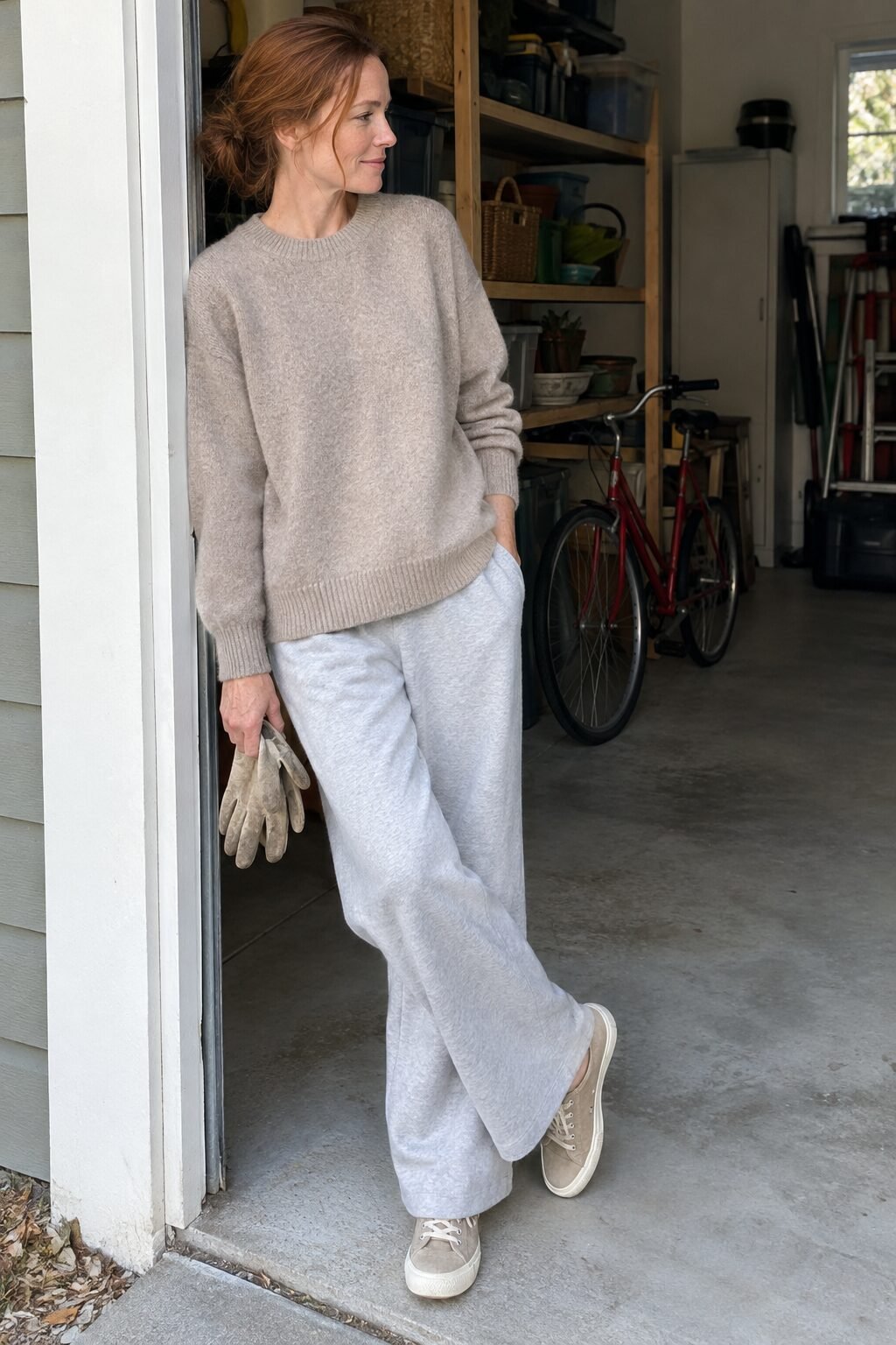 easy mom outfit for lazy Sunday chores: light taupe oversized alpaca-blend sweater with gray wide-leg sweatpants