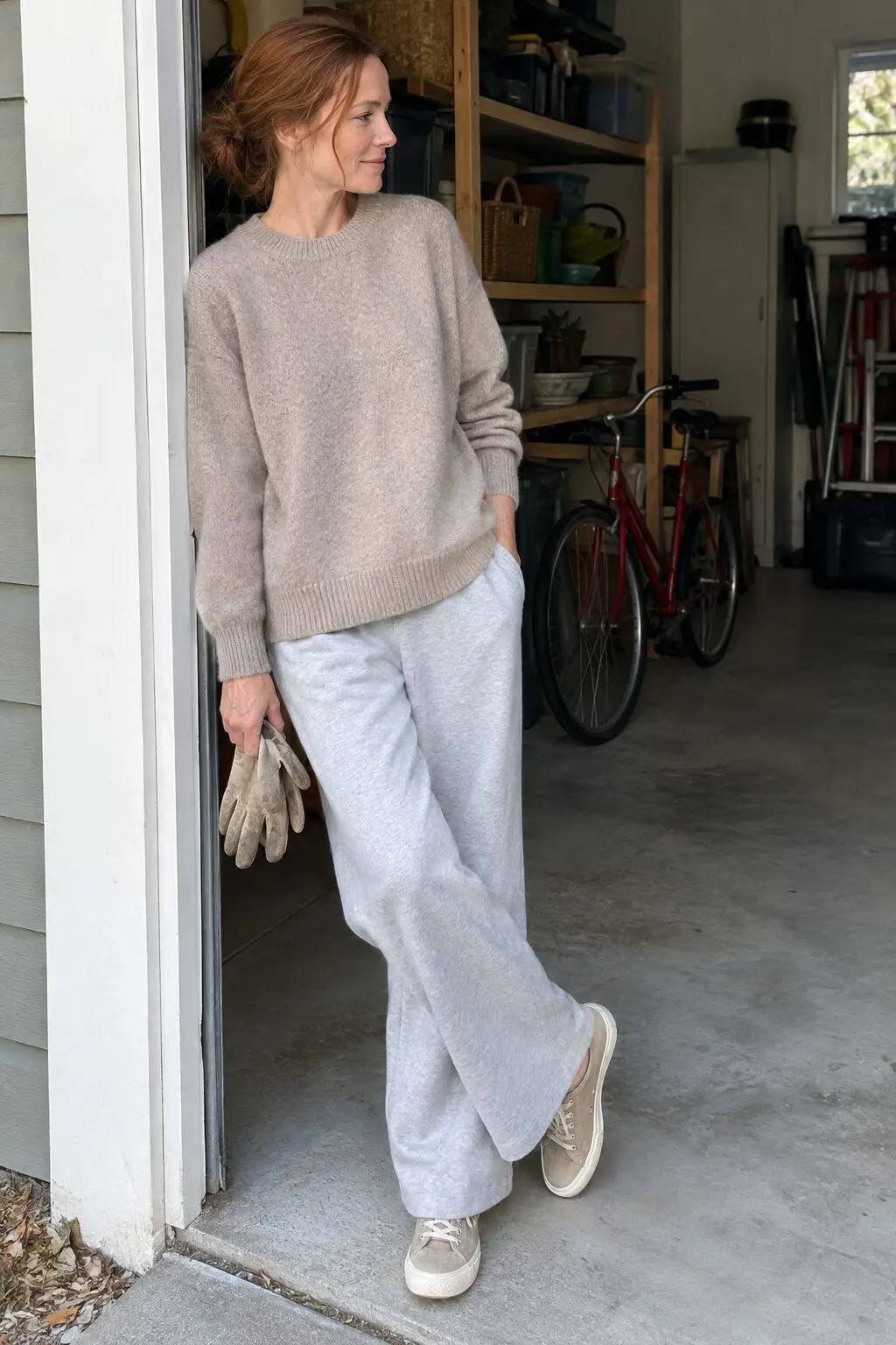 easy mom outfit for lazy Sunday chores: light taupe oversized alpaca-blend sweater with gray wide-leg sweatpants