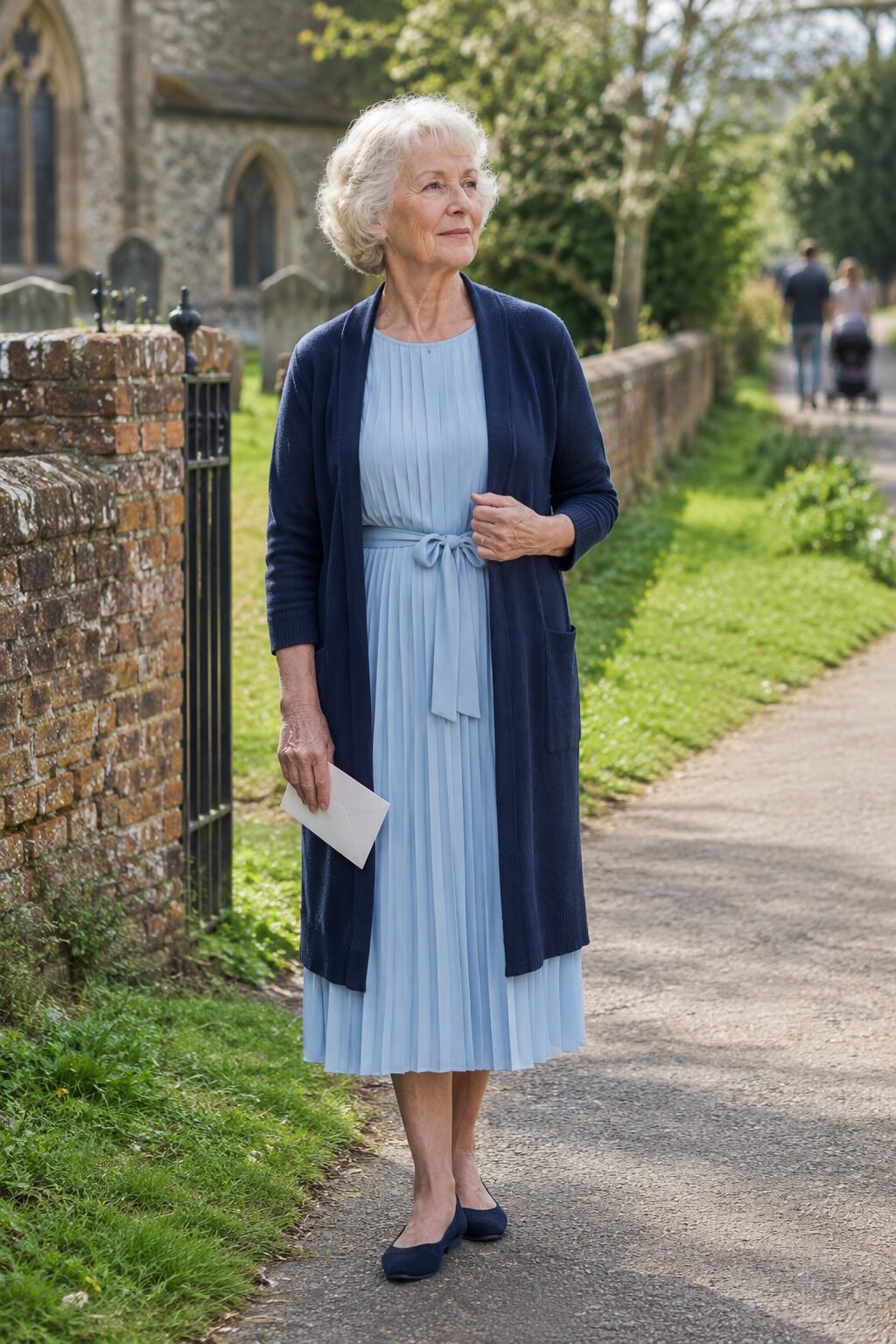 baptism church outfit for women in their 70s: pale blue mist pleated midi dress with tie waist and navy long cardigan
