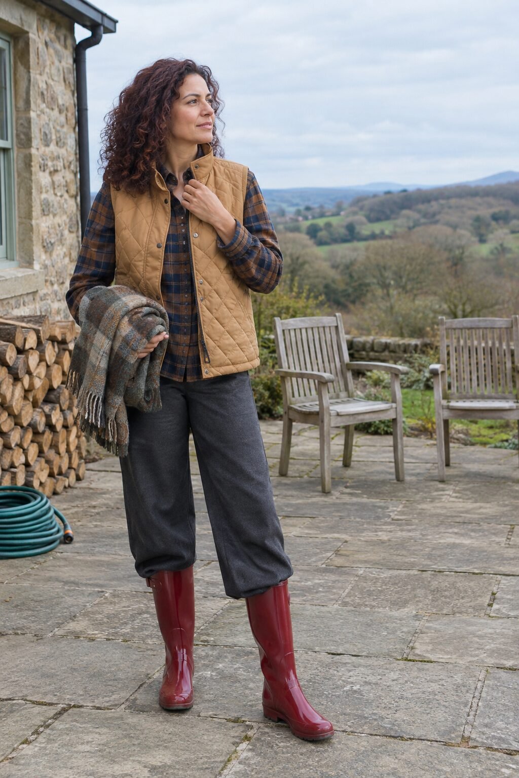 old money countryside fall outfit: brown plaid flannel shirt, grey wide-leg trousers, and red wellington boots by a fire pit at dusk