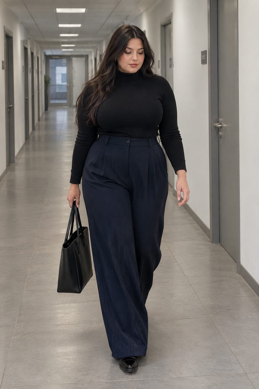 plus size halloween office outfit: black turtleneck with night sky wide-leg trousers