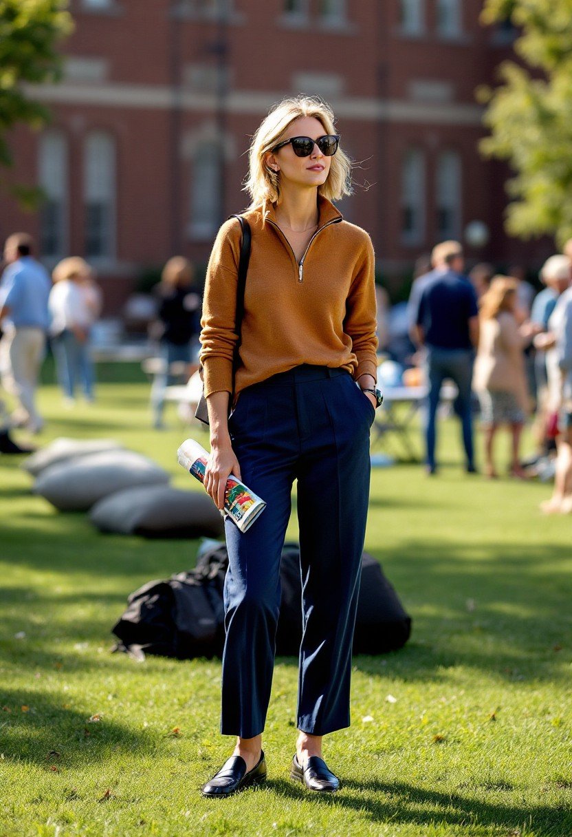preppy old money tailgate outfit: cashmere half-zip, blue tailored trousers, and black leather loafers