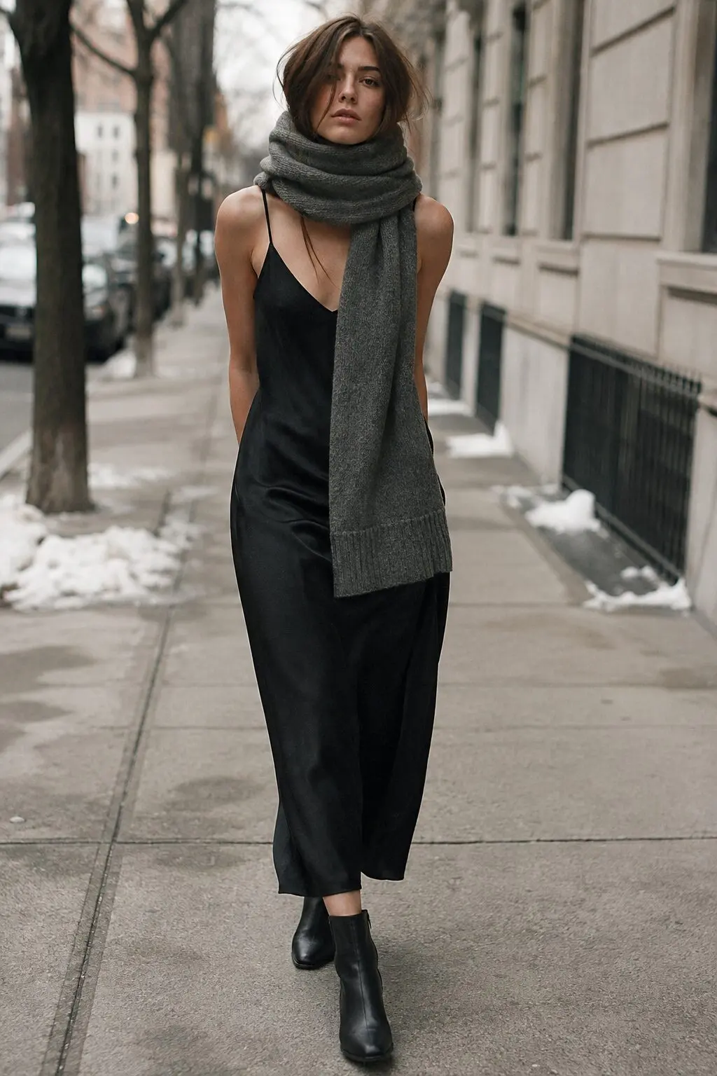 black slip dress dressed down with a grey oversized knit scarf and ankle boots for cold-weather errands
