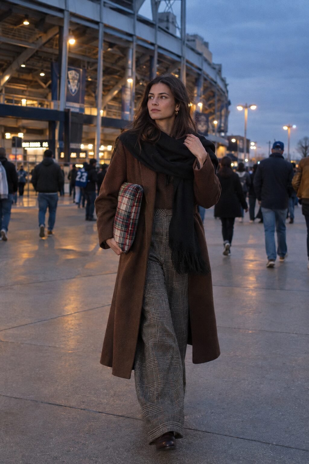 elegant old money tailgate outfit: ganache brown overcoat, glen check wide-leg trousers, and black cashmere wrap