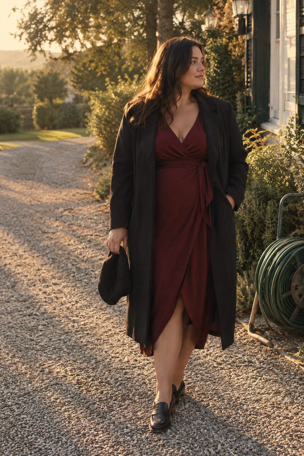 plus size halloween outfit: black cherry wrap dress layered under an open black blazer like a coat