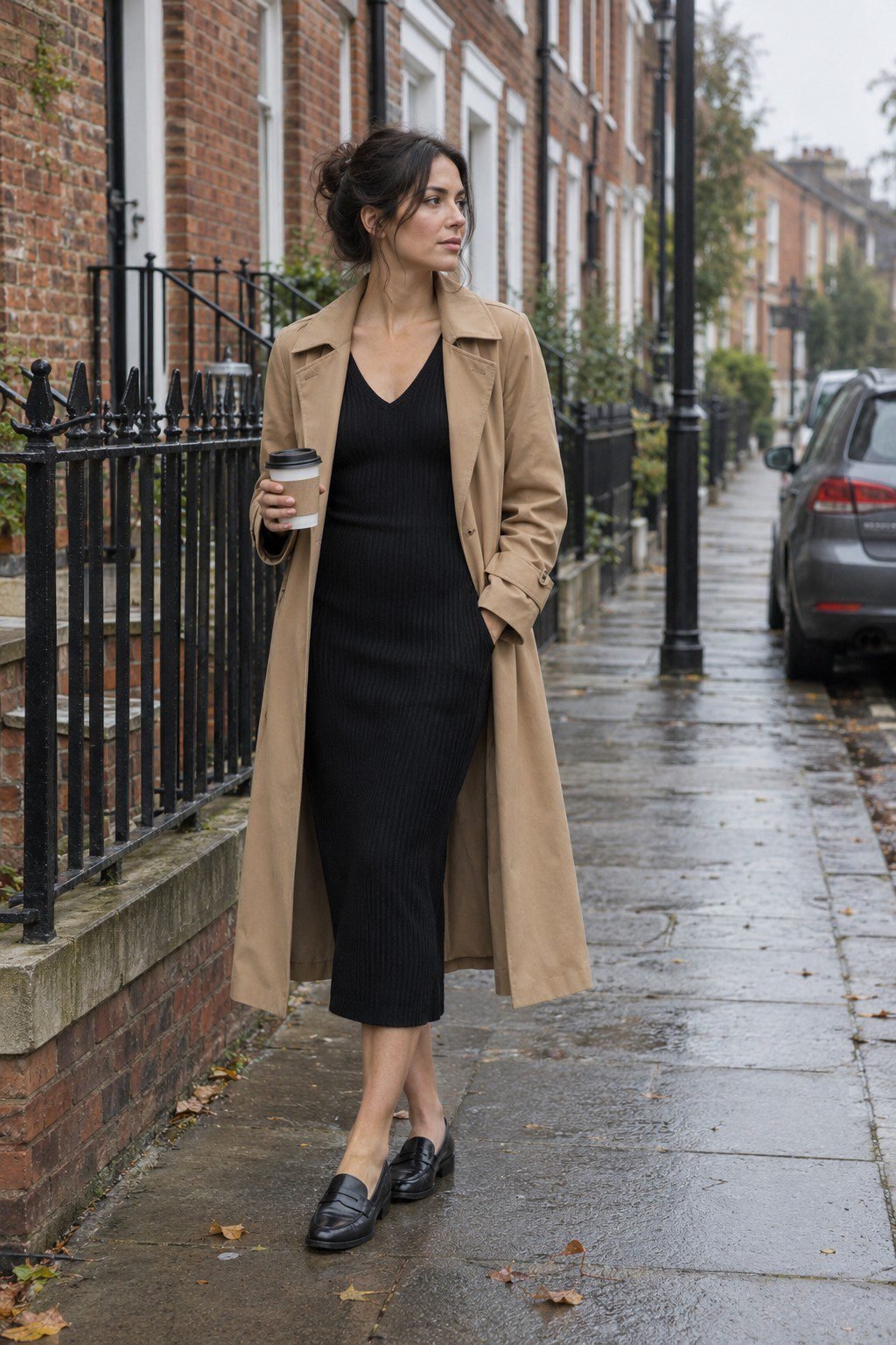 black ribbed knit midi dress with an open camel trench coat for transitional weather