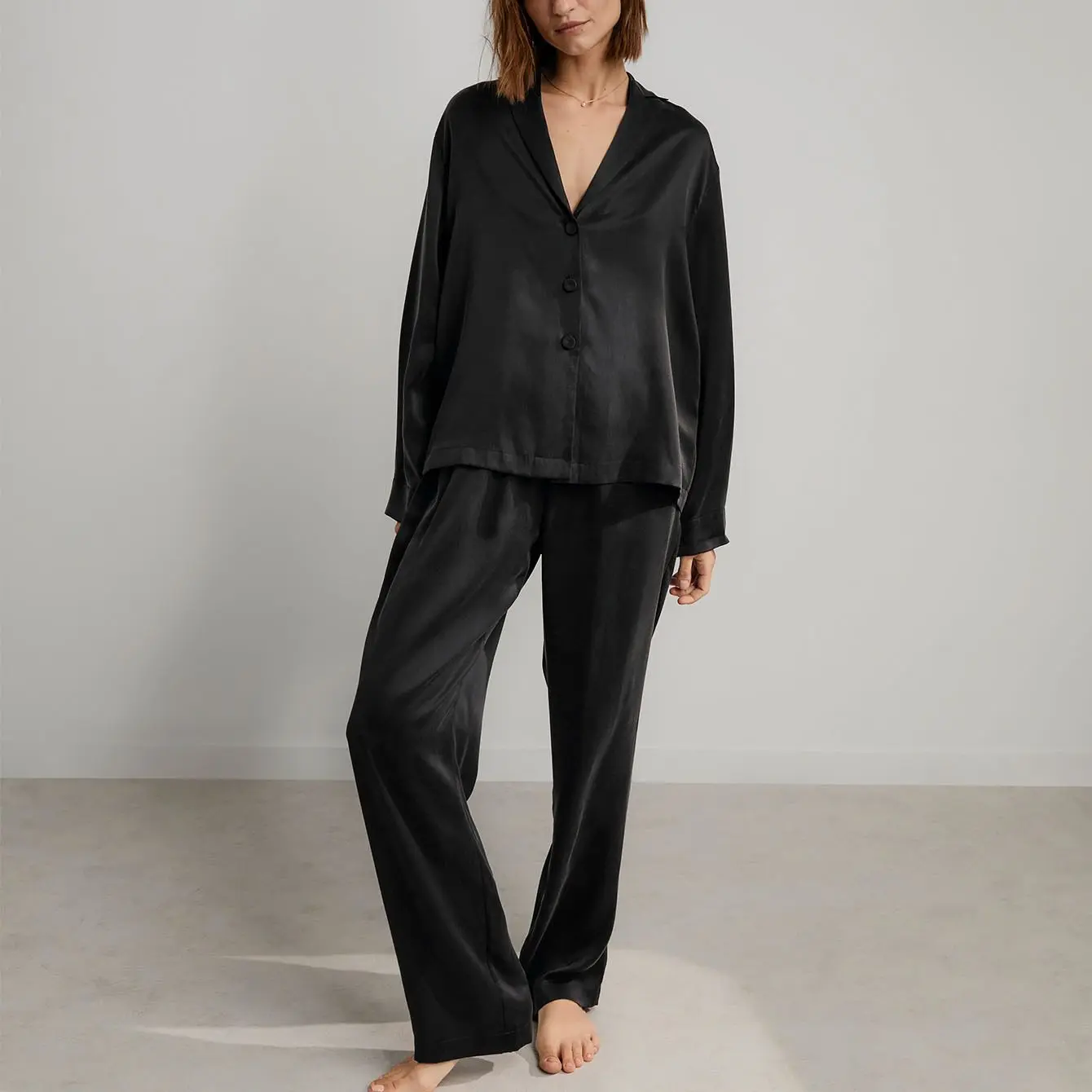 Washable Silk Long Sleeve Pant Set (Immersed Black)