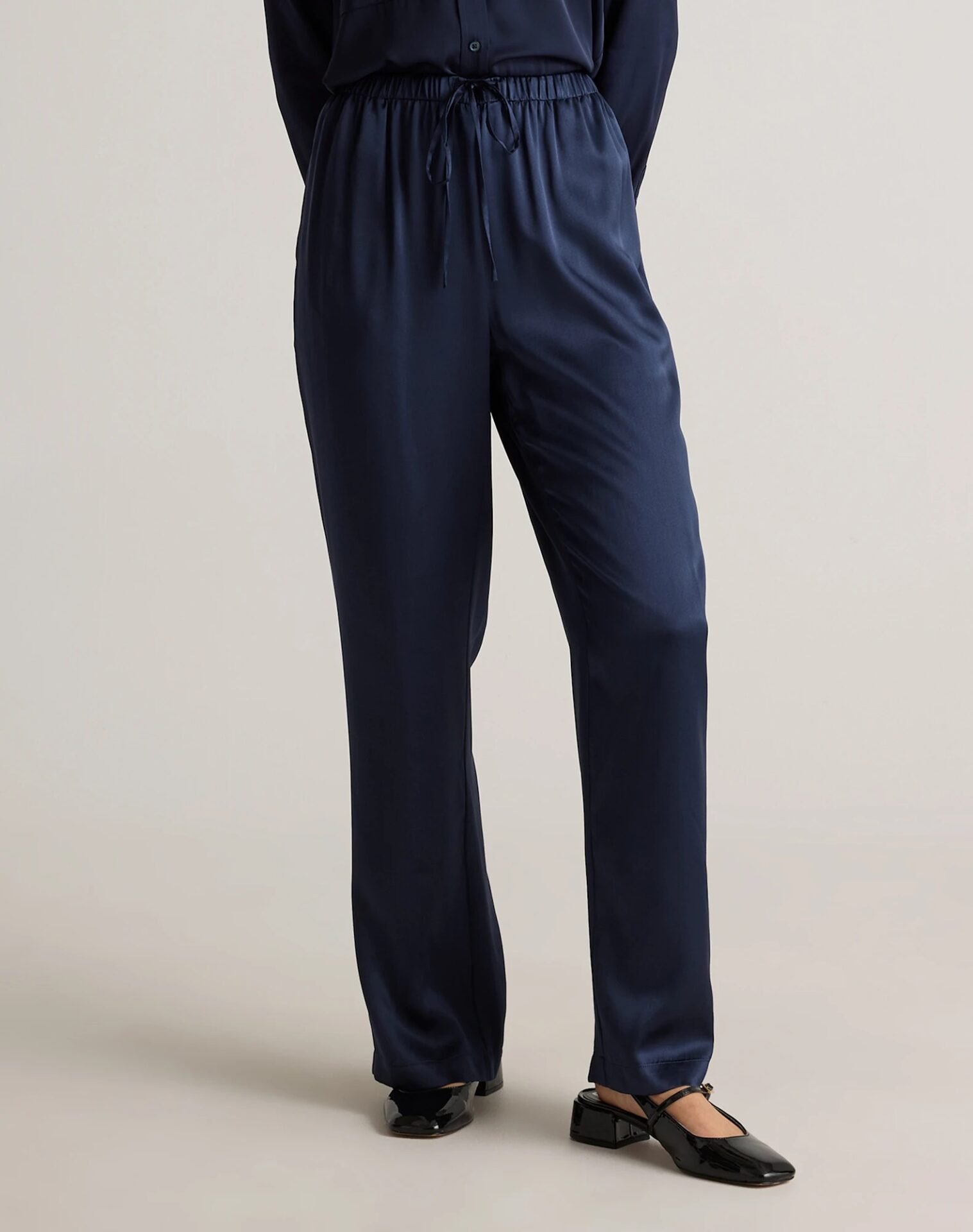 100% Washable Silk Drawstring Wide Leg Pants (Navy)
