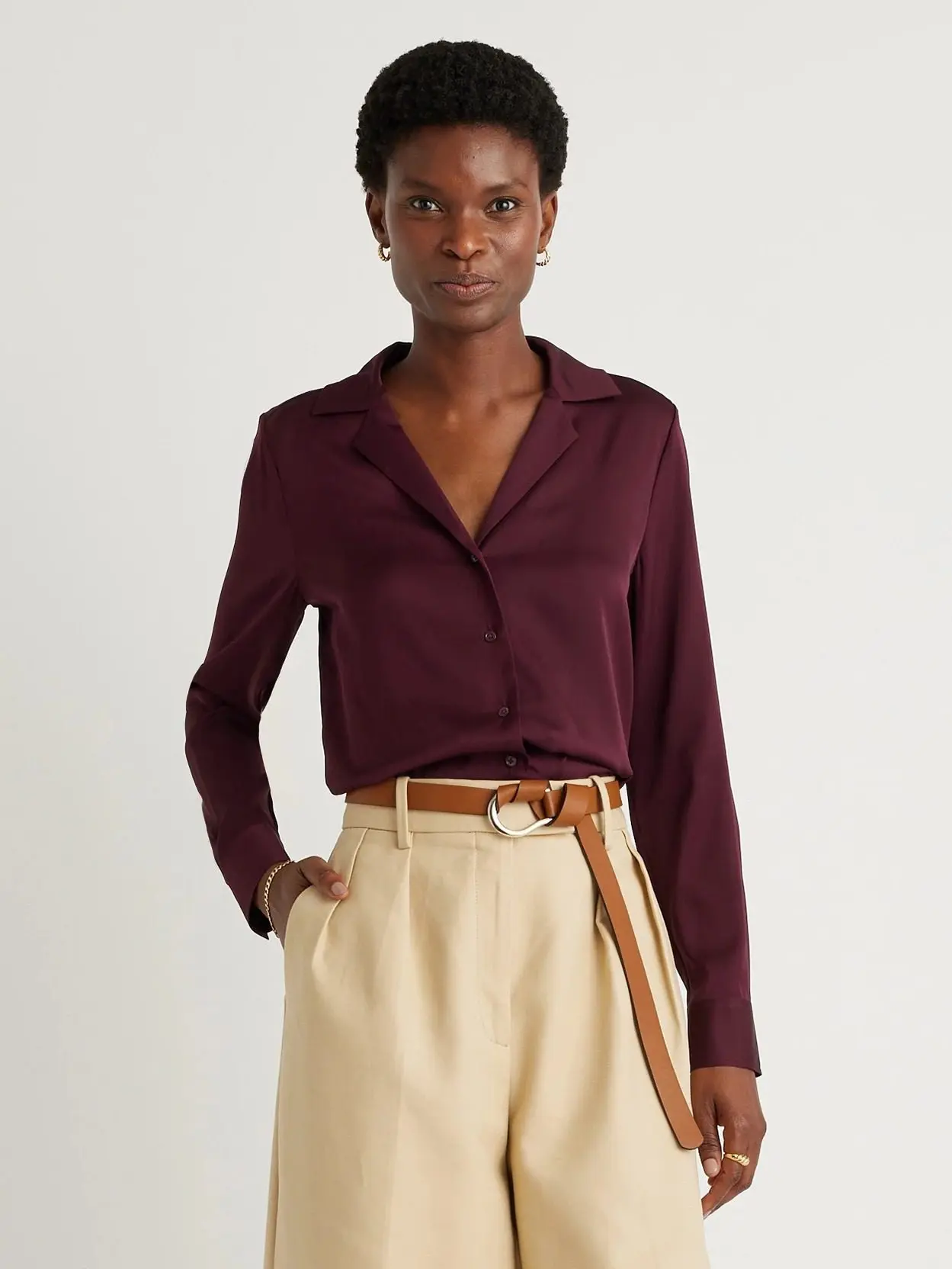 Washable Stretch Silk Notch Collar Blouse (Wine Tasting Red)