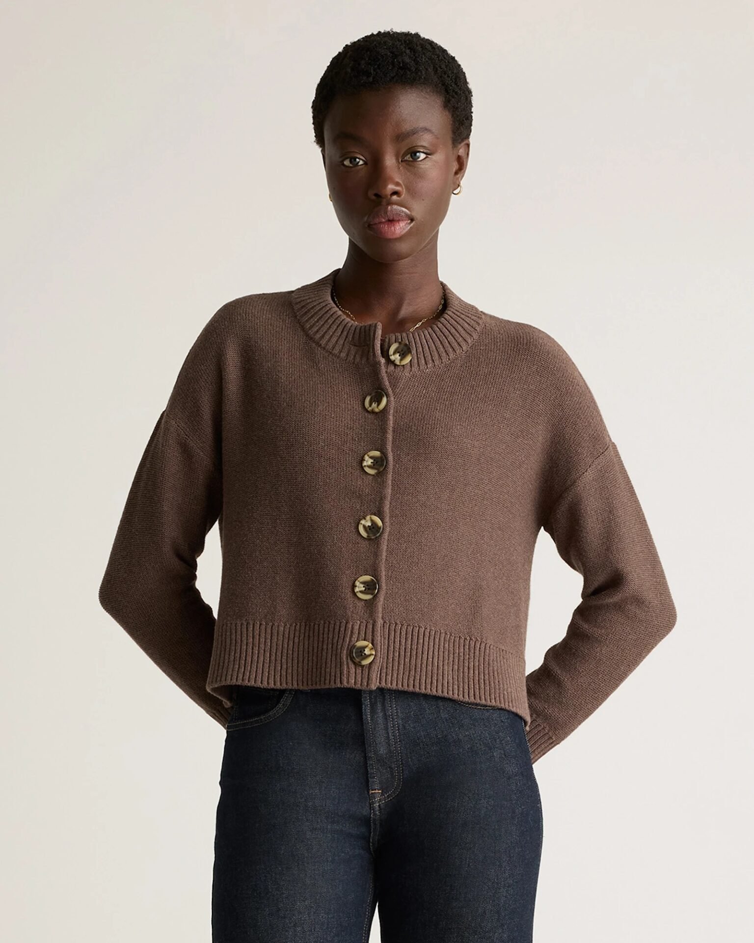 100% Organic Cotton Cropped Cardigan (Heather Brown)