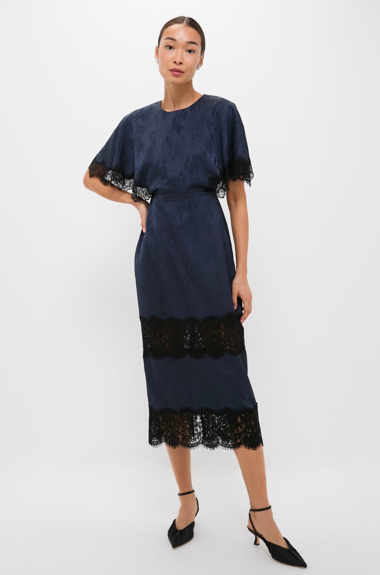 Navy Jacquard and Black Lace Cape Leah Dress