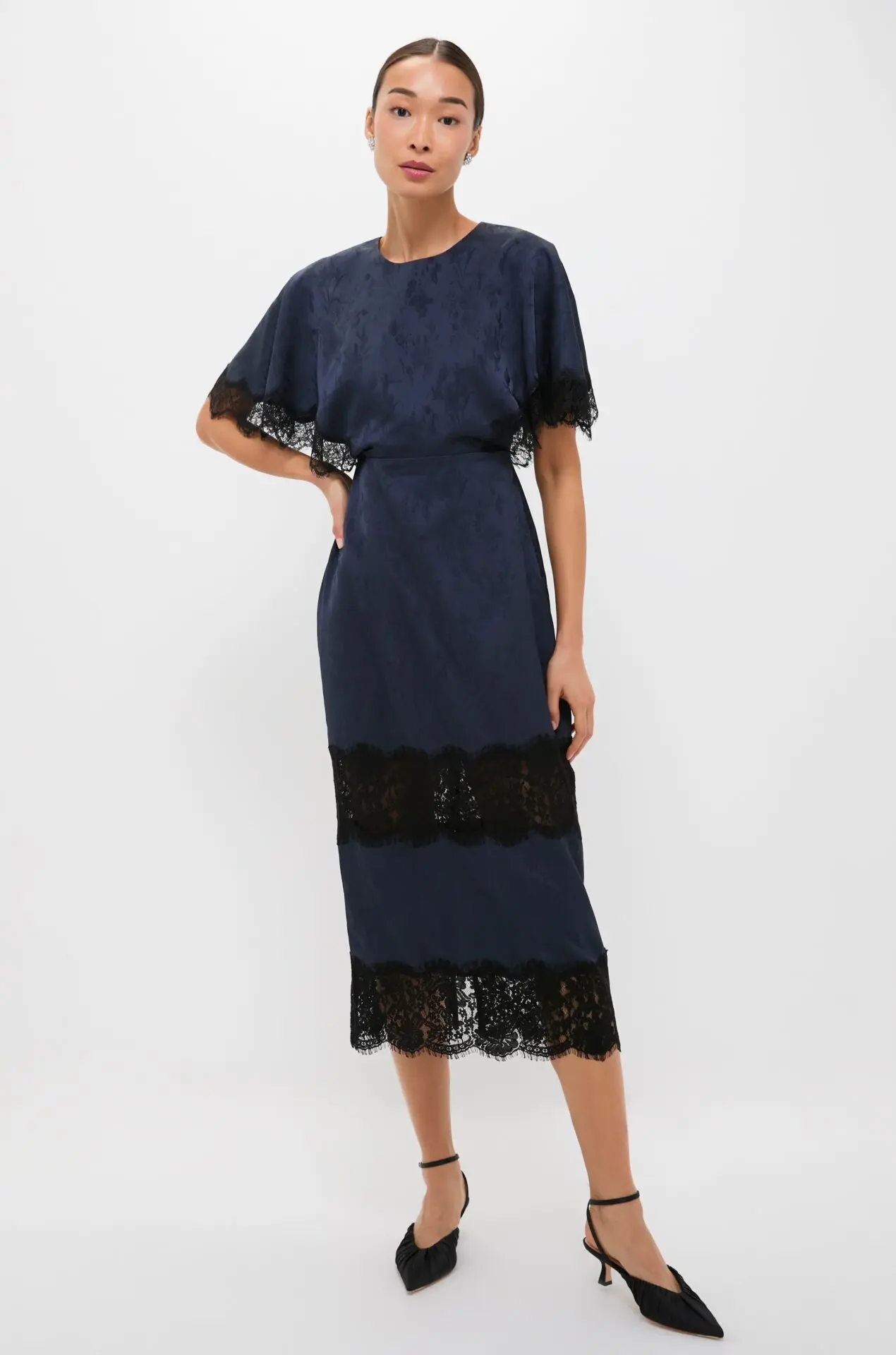 Navy Jacquard and Black Lace Cape Leah Dress