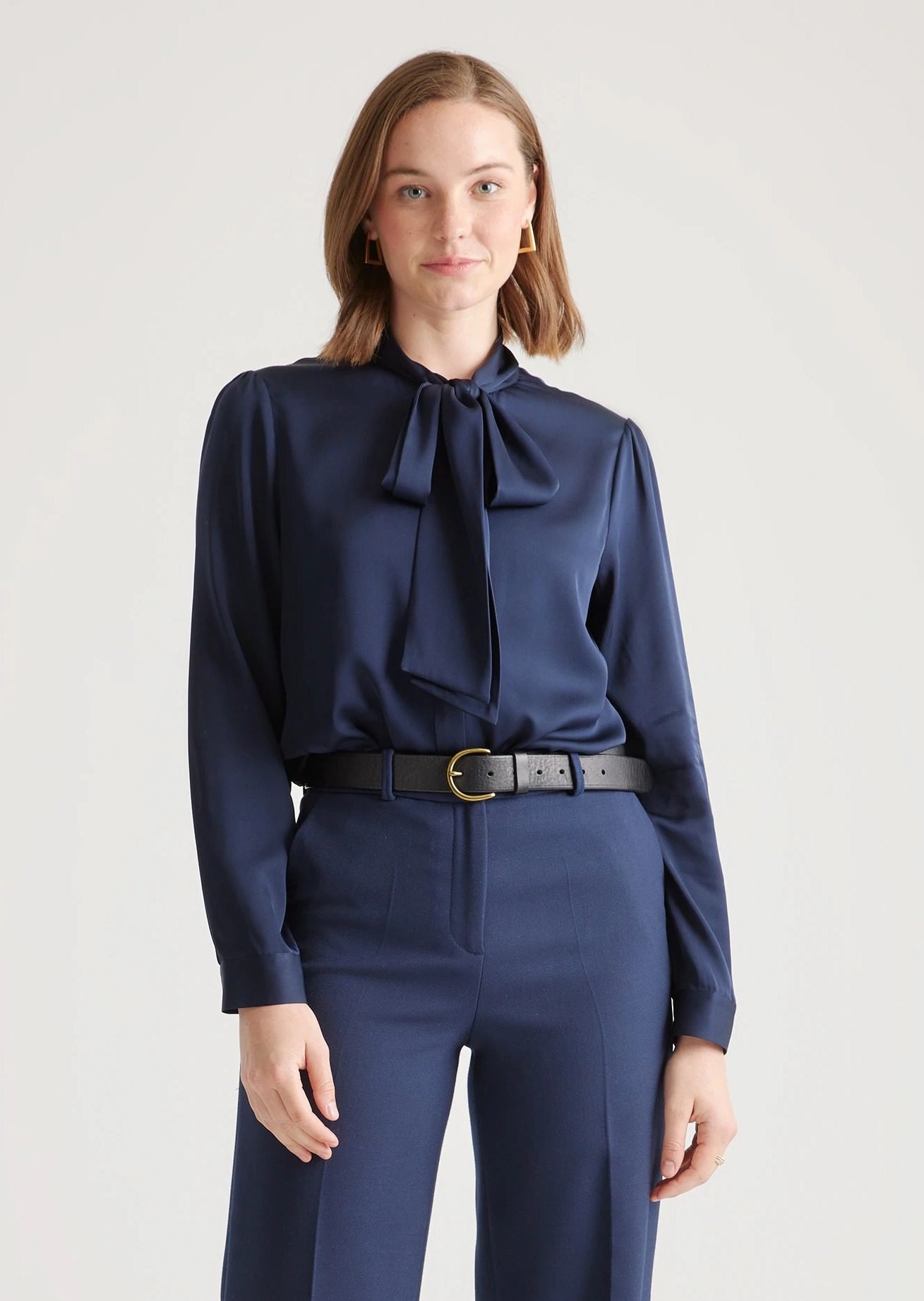 Washable Stretch Silk Tie Neck Blouse (Navy)