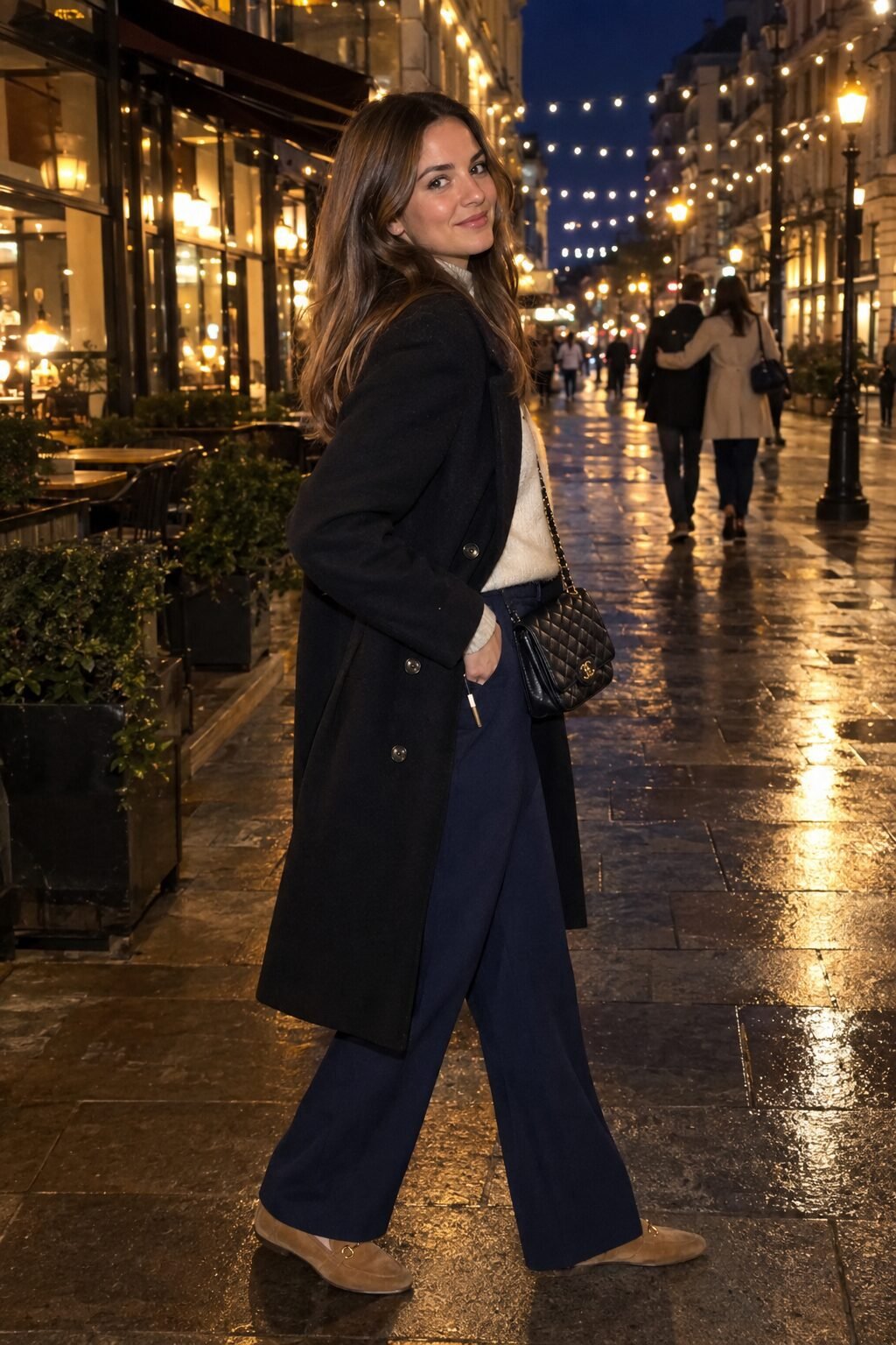 quiet luxury new year's eve outfit: cream cashmere sweater, navy trousers, and black wool overcoat