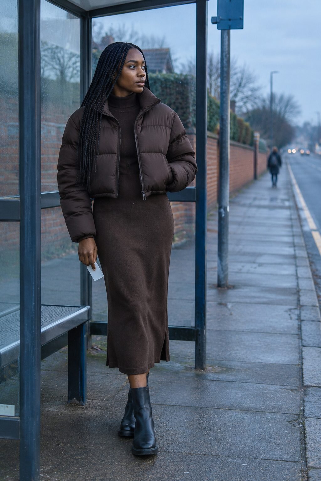 easy mom outfit for a cold bus stop: dark brown draped mock turtleneck dress with cropped hot fudge puffer jacket