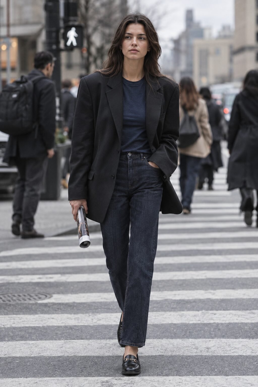 classy fall outfit under $100: tailored black blazer over a navy crew-neck tee with straight-leg jeans