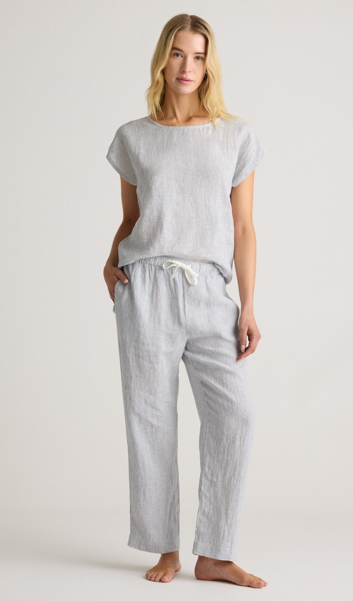 100% European Linen Pajama Set (Blue Pinstripe)