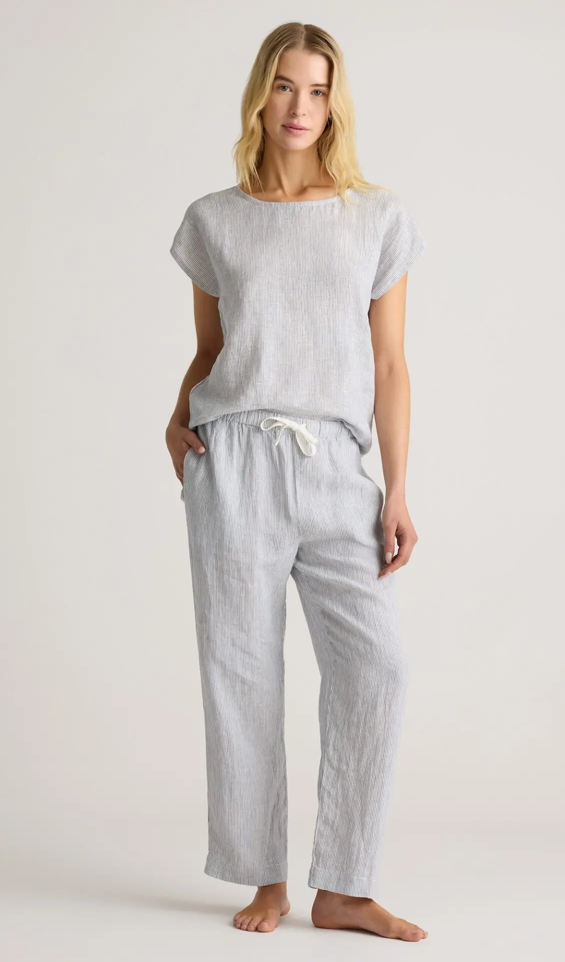100% European Linen Pajama Set (Blue Pinstripe)