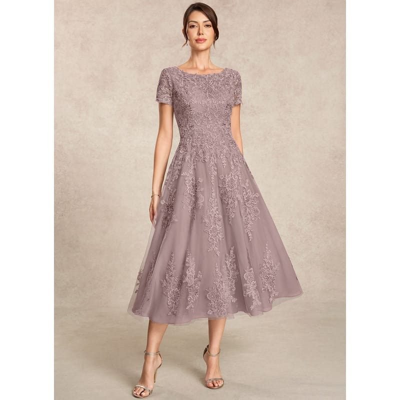 A-line Scoop Tea-Length Tulle Lace Mother of the Bride Dress (Tennille)