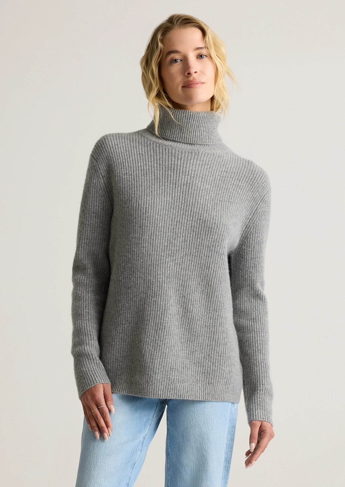 Mongolian Cashmere Fisherman Turtleneck Sweater (Heather Grey)