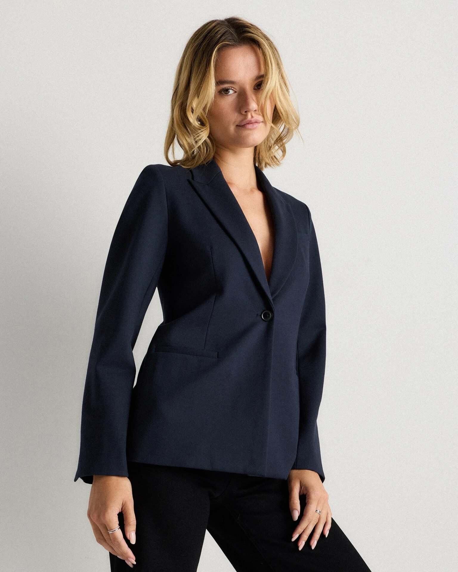 Ultra-Stretch Ponte Single-Breasted Blazer (Navy)