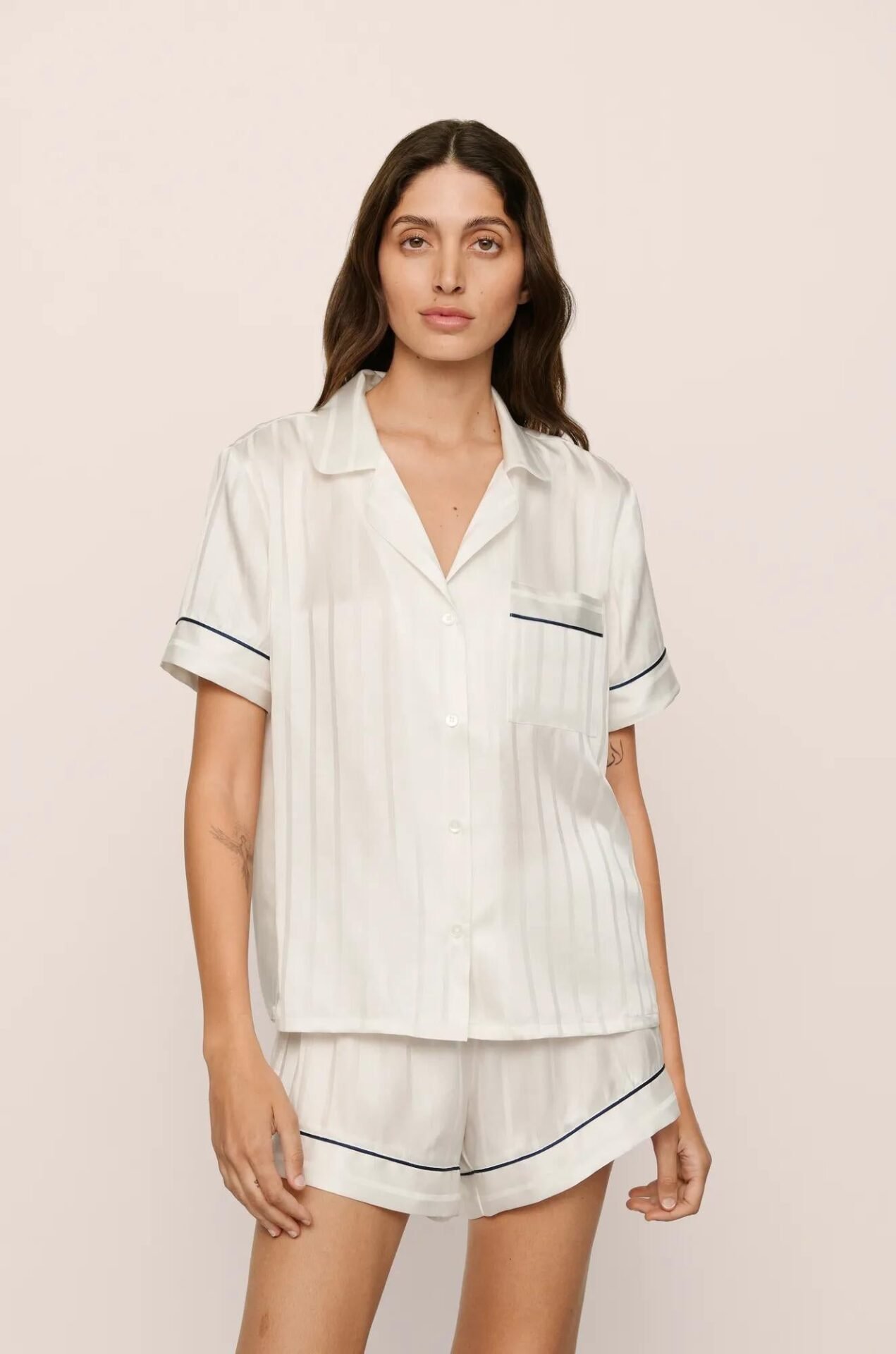 Inez Washable Silk Jacquard Short PJ Set (Classic Stripe Jacquard Pearl/Navy)