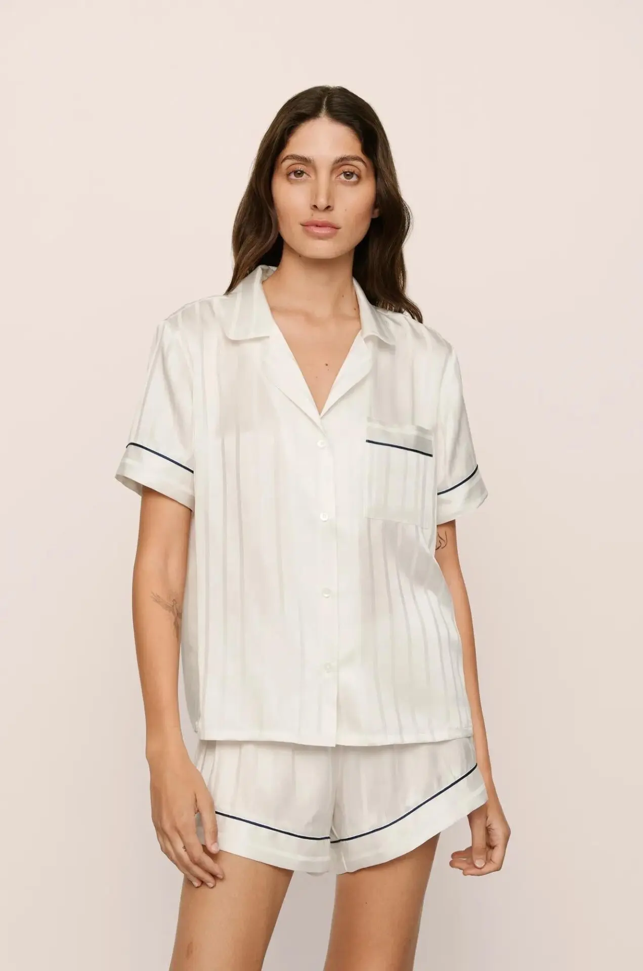 Inez Washable Silk Jacquard Short PJ Set (Classic Stripe Jacquard Pearl/Navy)