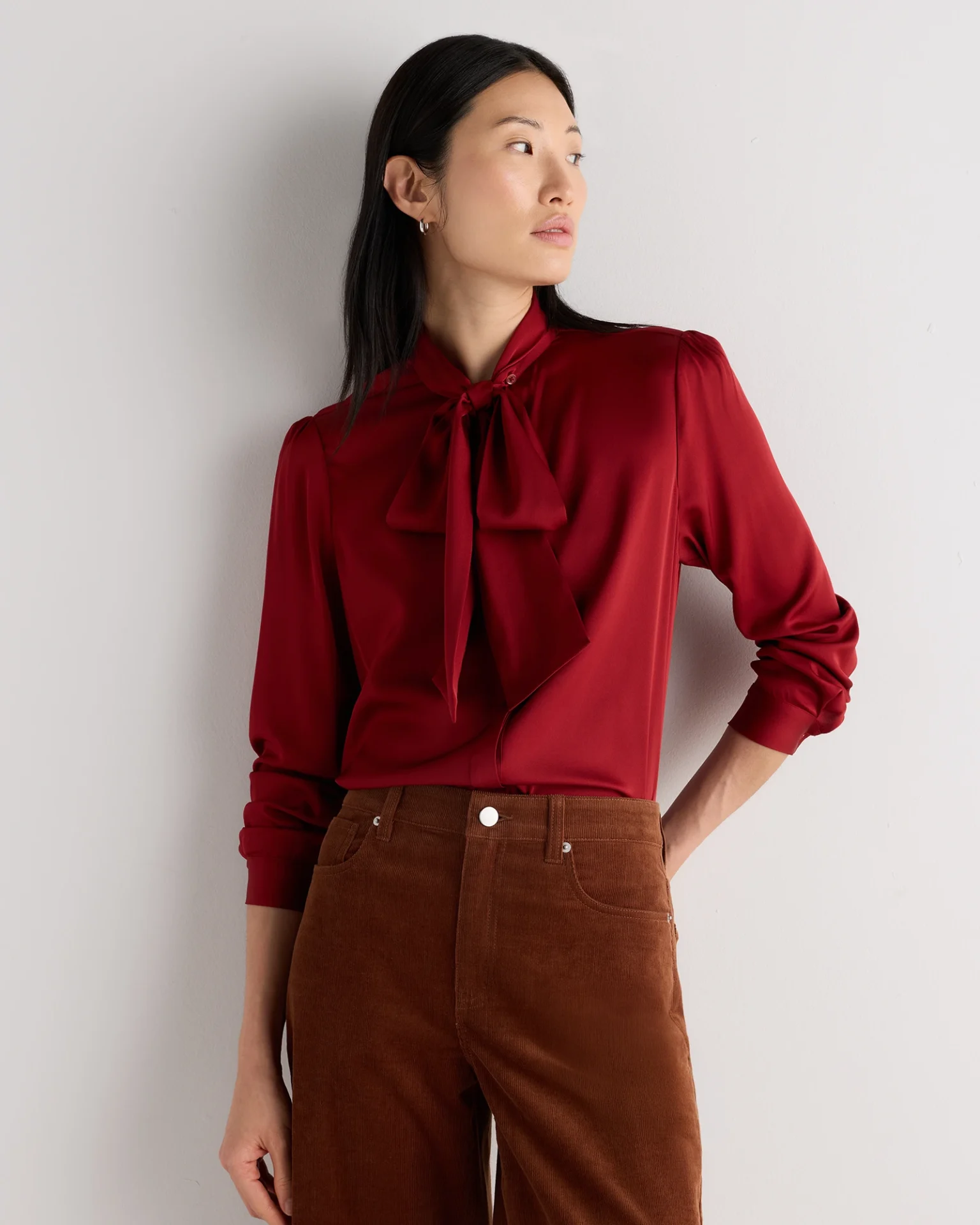 Washable Stretch Silk Tie Neck Blouse (Clay Red)