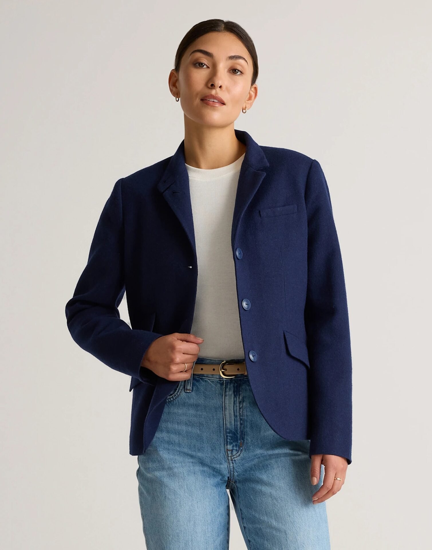 Italian Wool Stand Collar Blazer (Navy Blue)