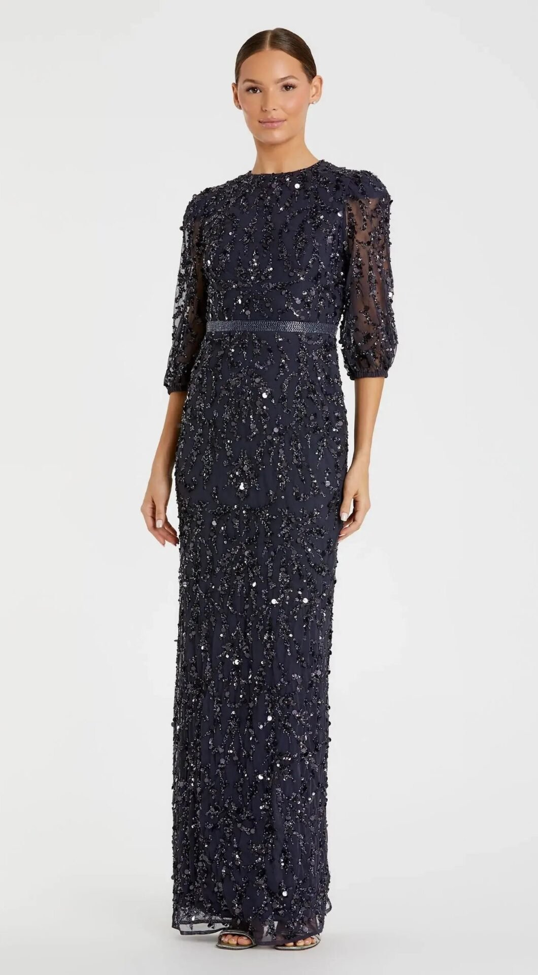 Navy Elbow Sleeve Embellished Gown