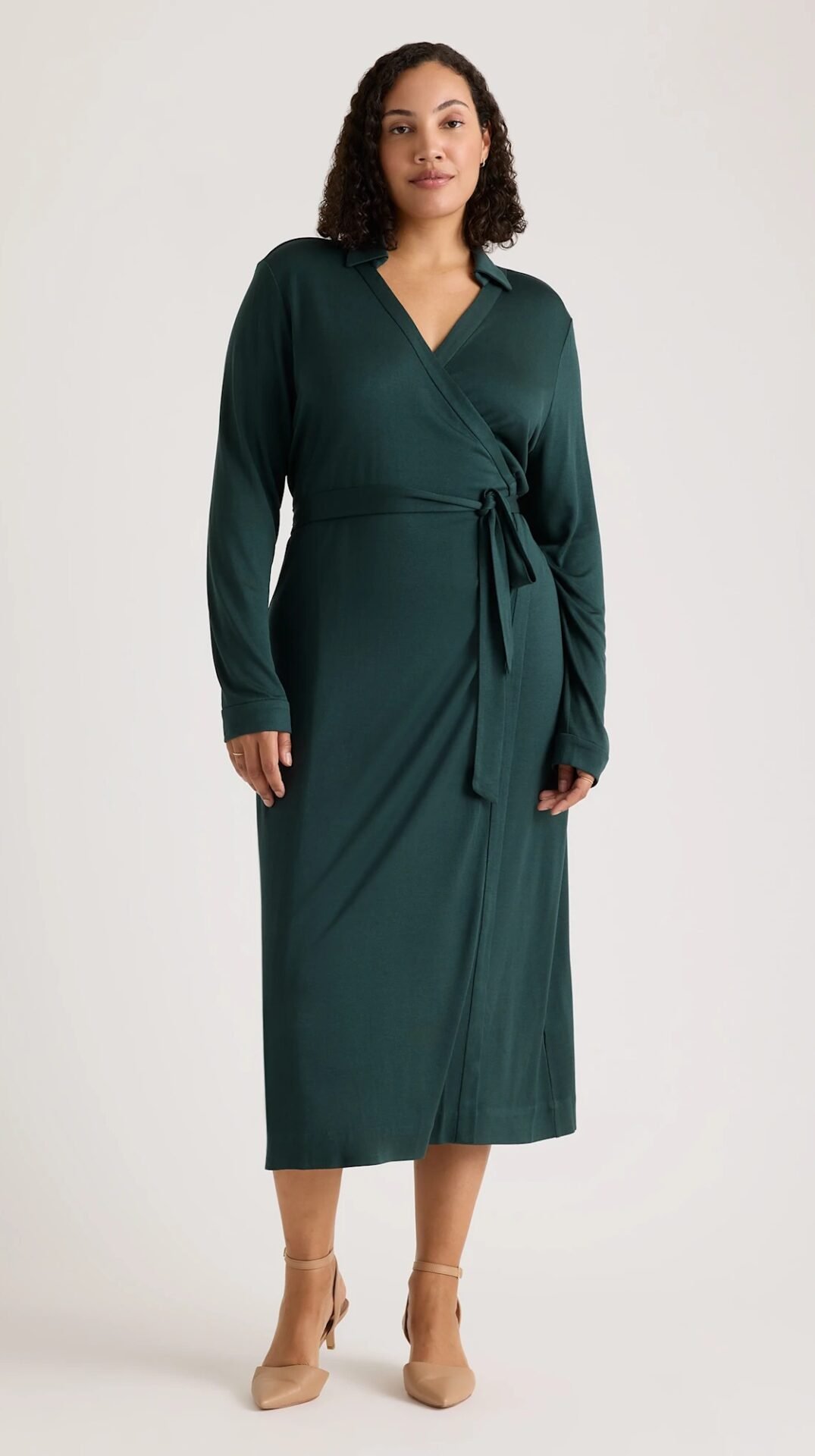 100% Silk Jersey Midi Wrap Dress (Evergreen)