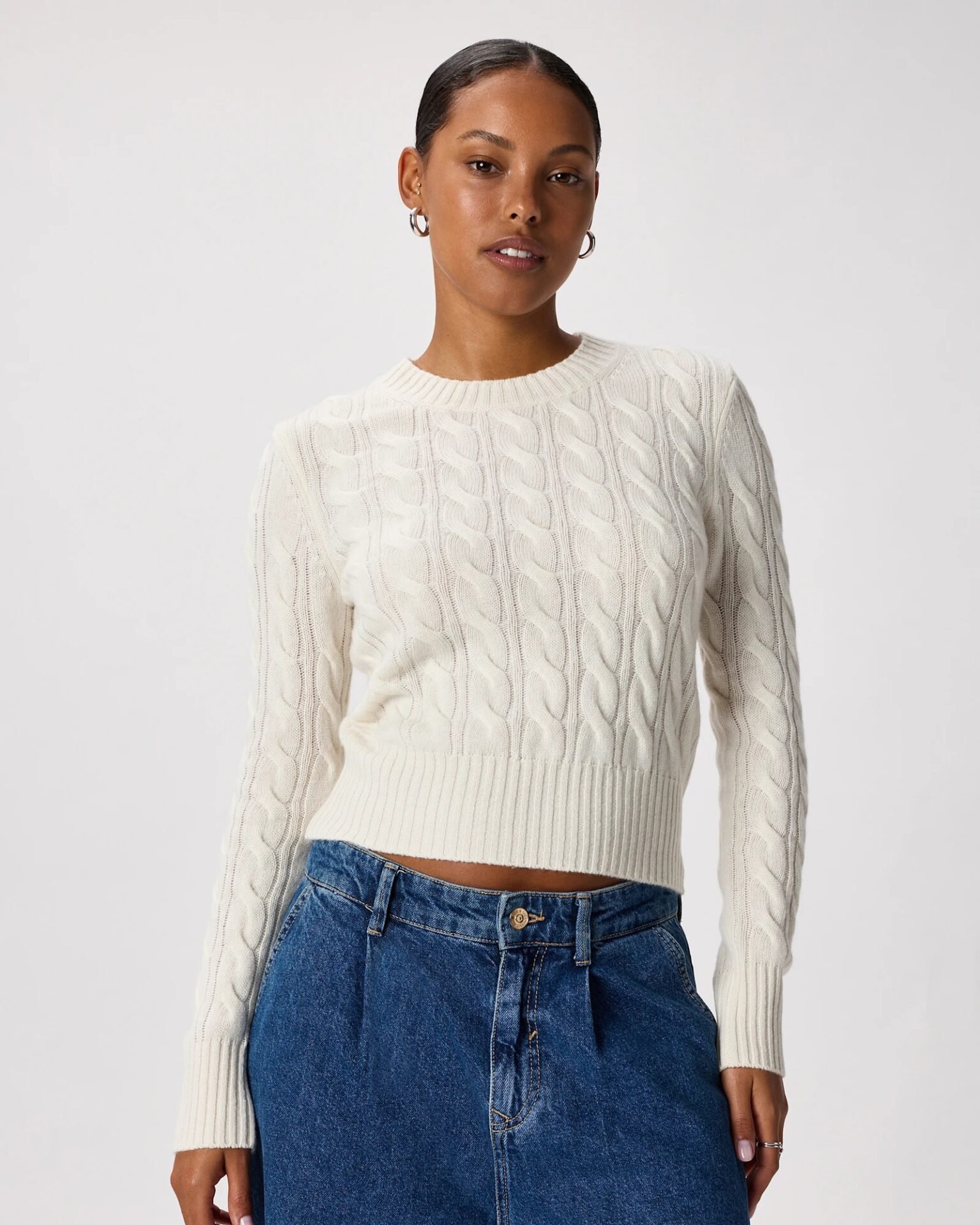 Mongolian Cashmere Shrunken Cable Crewneck Sweater (Ivory)