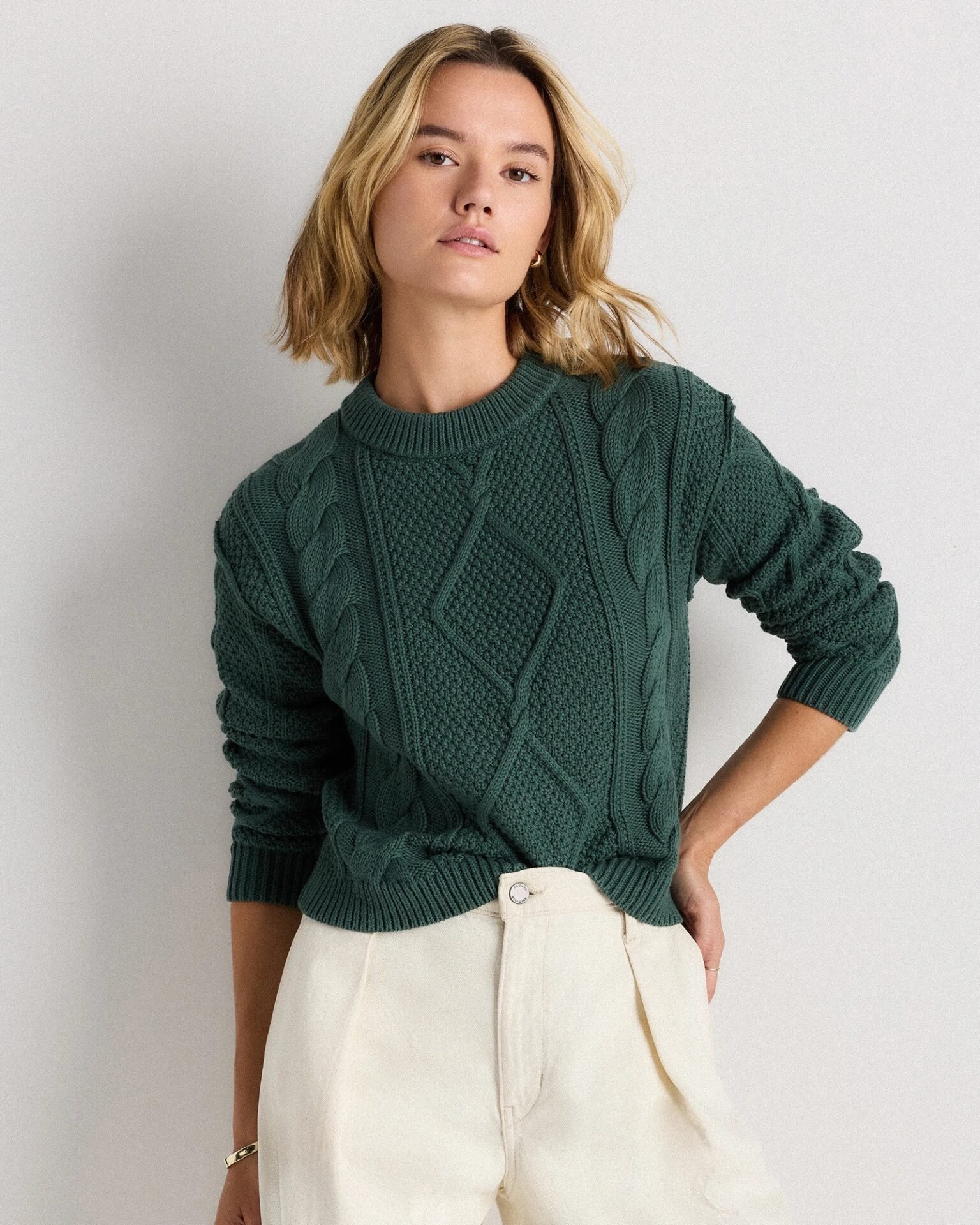 Organic Cotton Cropped Cable Crew Sweater (Big Sur Green)