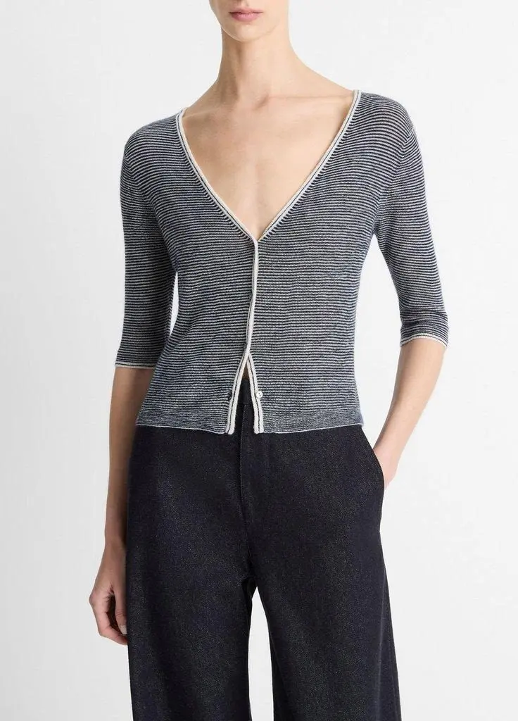 Micro-Stripe Cashmere-Silk Cardigan (Off White/Coastal Blue)