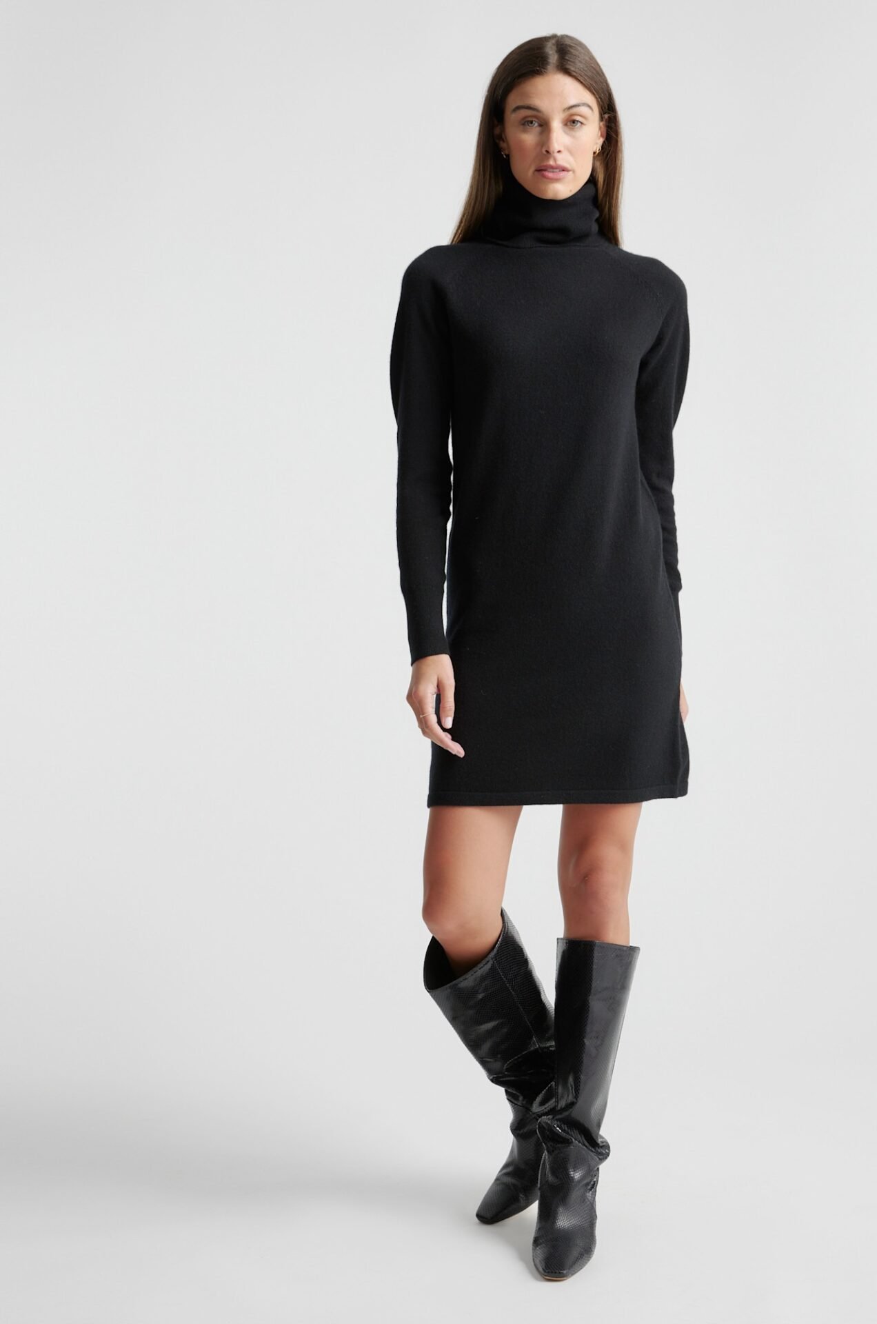 Mongolian Cashmere Turtleneck Sweater Dress (Black)