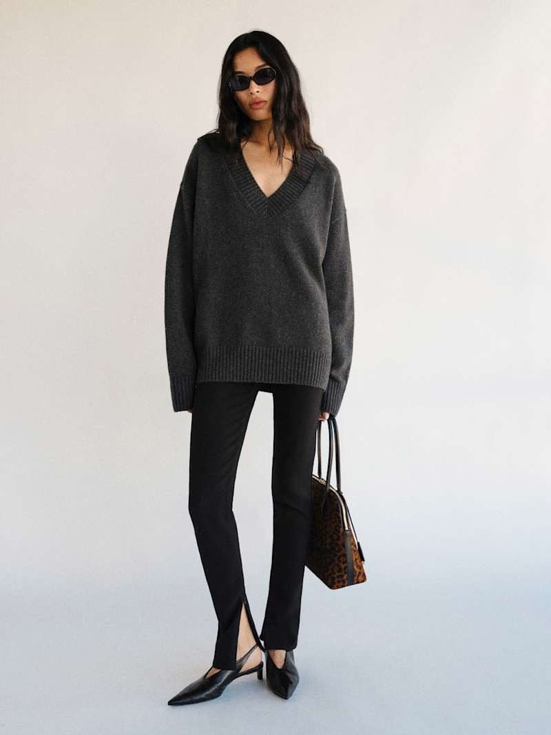 Jadey Cashmere Oversized V-Neck Sweater (Flannel)
