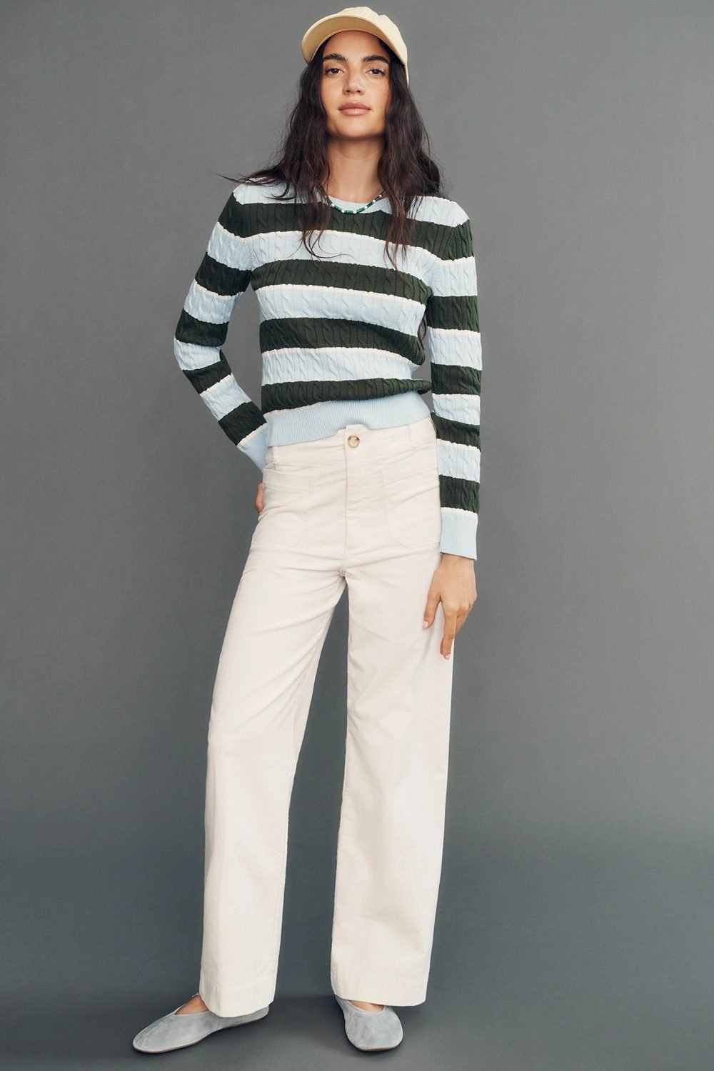 Colette Corduroy High-Rise Wide-Leg Full-Length Pants (Cream)