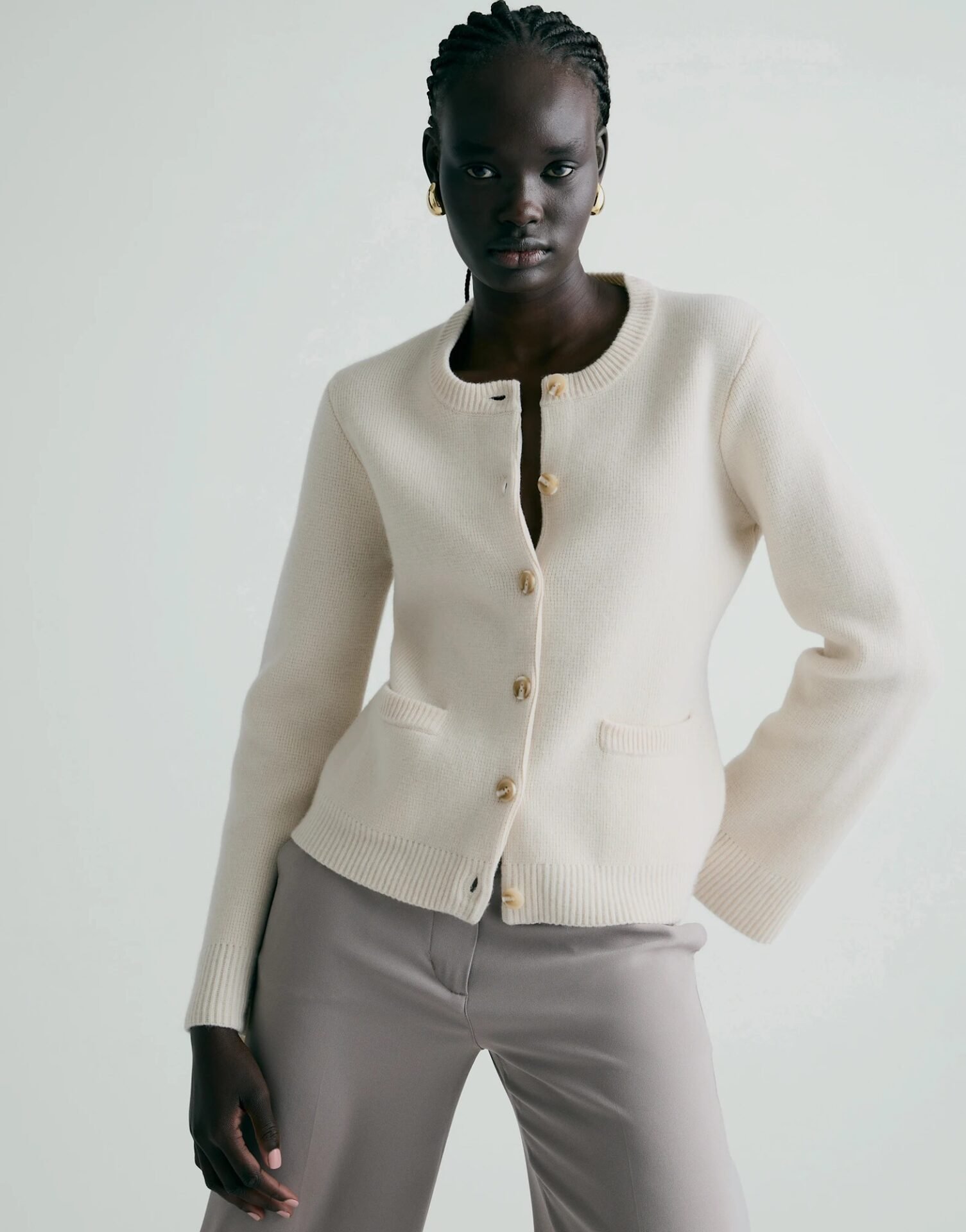 Mongolian Cashmere Structured Cardigan (Ivory)